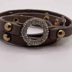 Brown & Gold Studded Leather Wrap-Around Studded Cuff Bracelet- Large